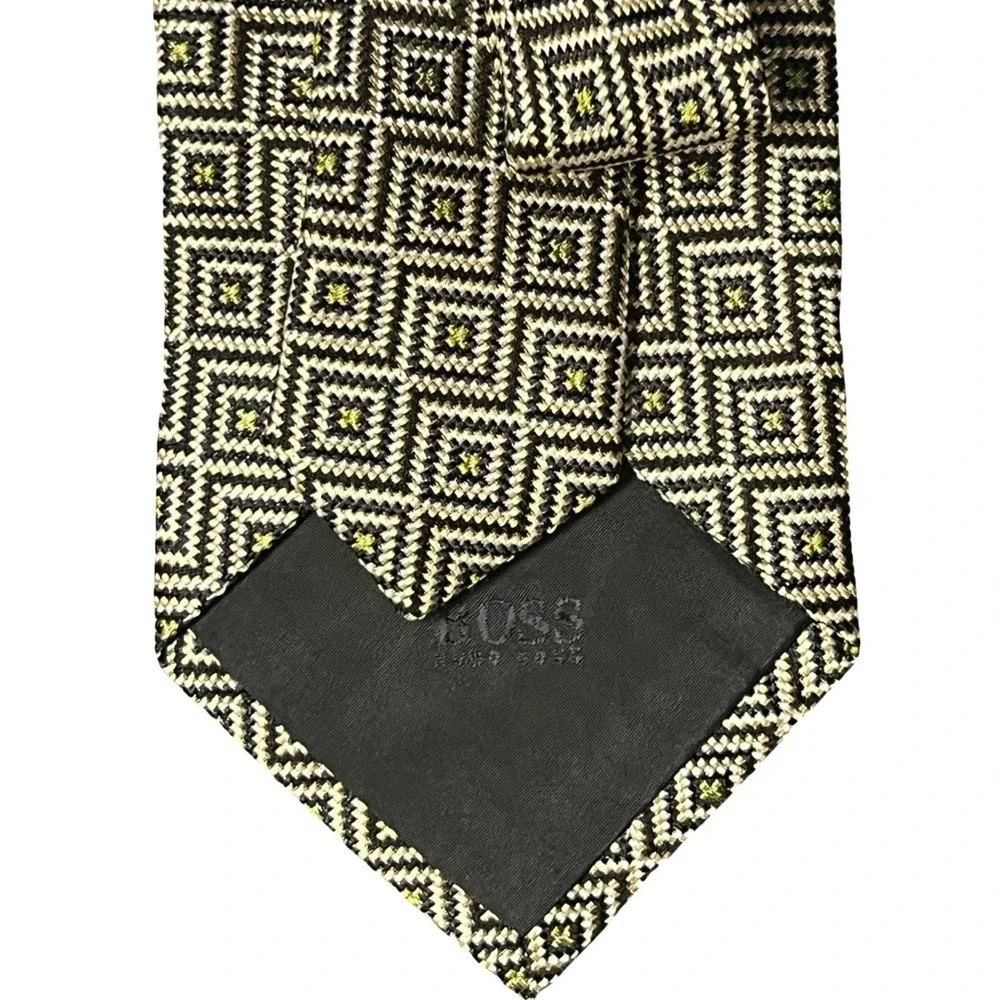 HUGO BOSS Geometric Patterned‎ Silk Tie Mens Necktie Black Gold Accent